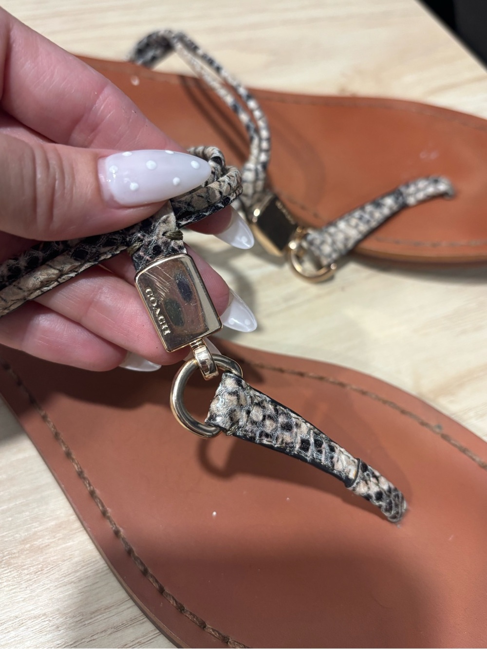 Coach Brown Leather Thong Sandals with Snake-Print Straps & Gold Accents
